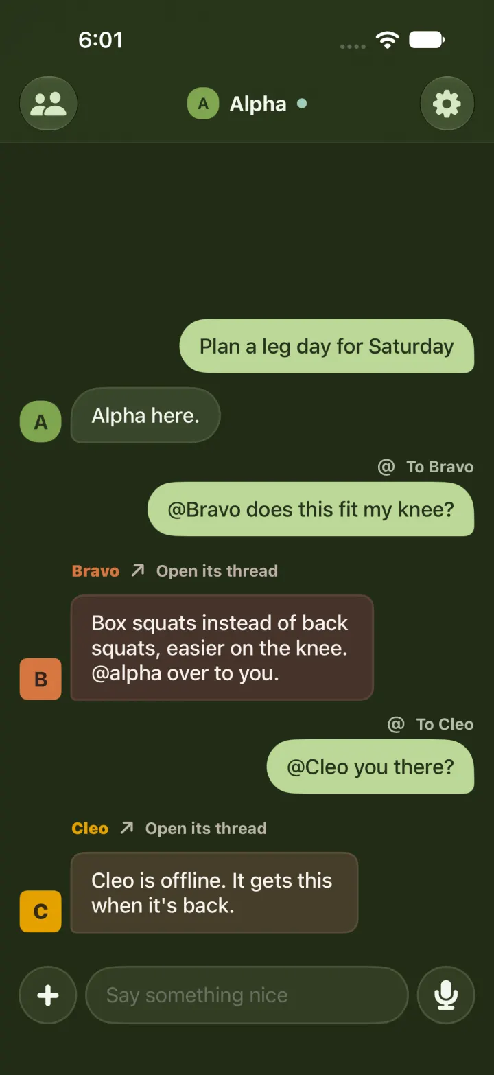 The same thread reopened in dark mode, each agent's answer in its own color