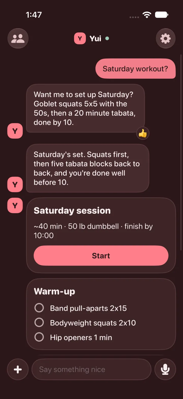 Dark mode, after reopening: the thumbs up is still on the proposal, and under it the agent's answer, a Saturday session card, a checklist and a timer.