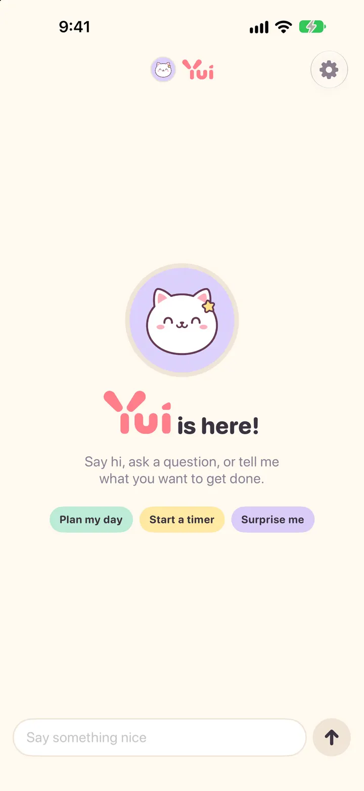 The empty chat with the coral Yui wordmark