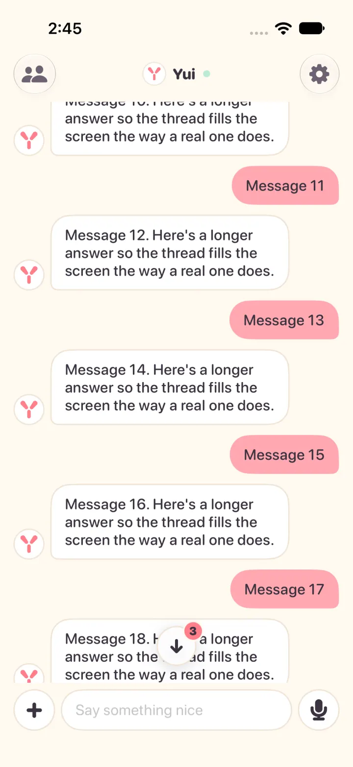 A long chat scrolled up, light mode. A round down arrow sits above the composer with a red 3 on its corner for three new messages.