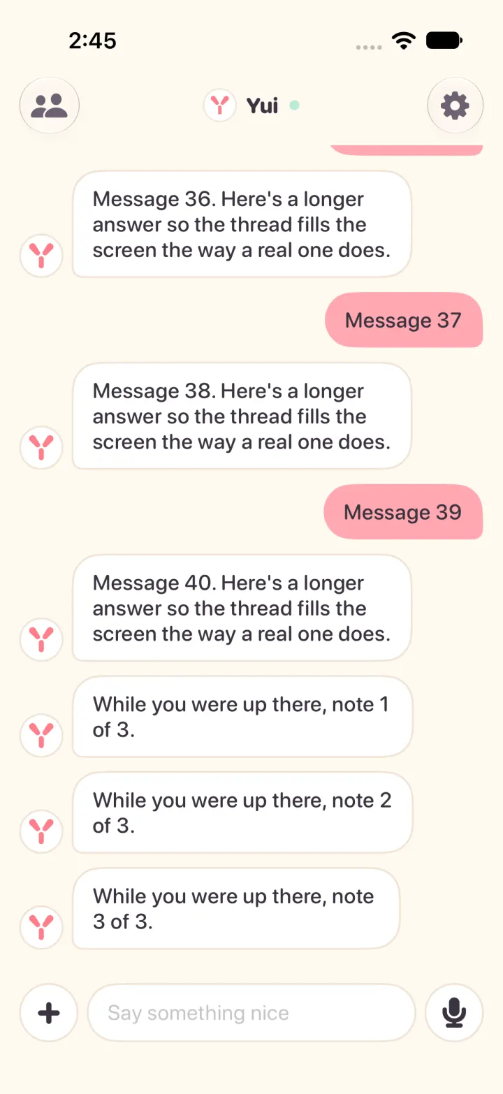 After the tap: the thread at its newest message, the three new notes from the agent in view, and no arrow.
