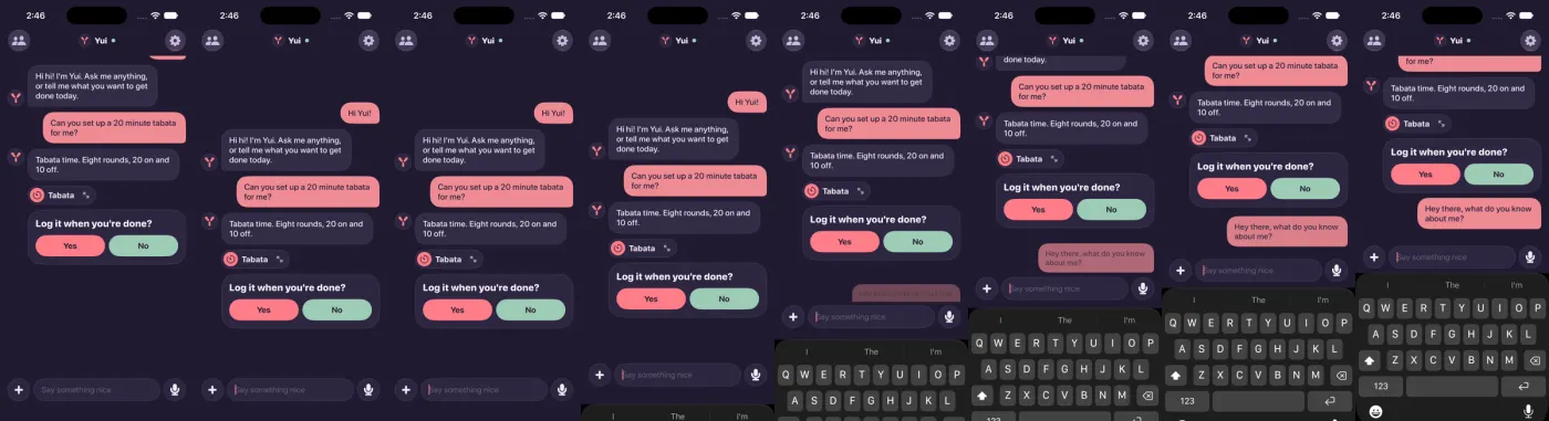 Eight frames 40 milliseconds apart: a sent message starts small at the composer and floats up into its place in the thread.