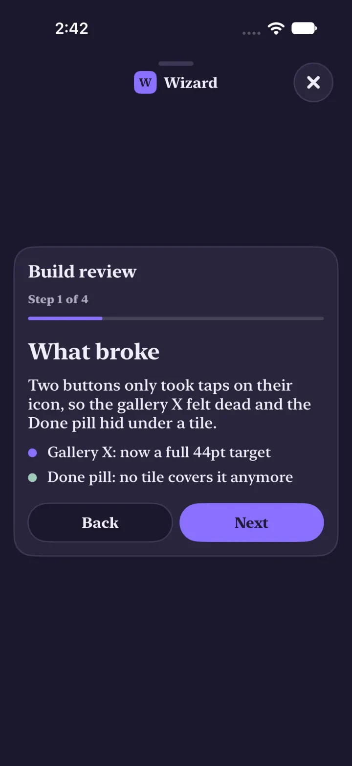 A plan open full screen in Yui: step 1 of 4, a page titled What broke with a paragraph and two bullet points, and Back and Next buttons.