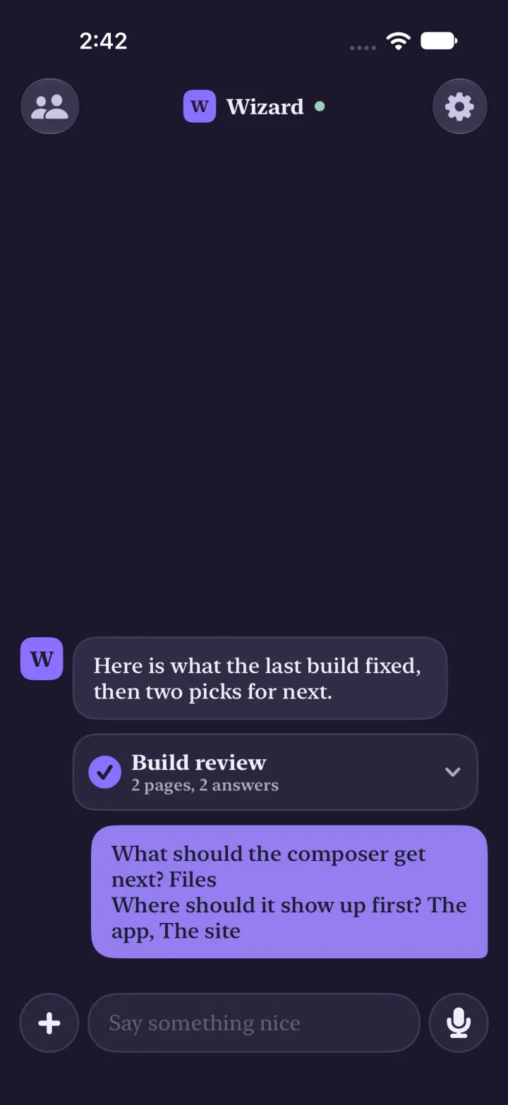 The chat after sending: a small card that says Build review, 2 pages, 2 answers, and under it the person's own purple message listing both answers.