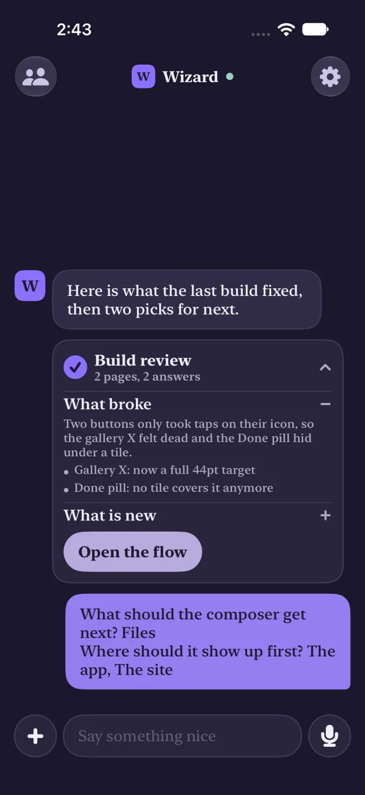 The Build review card opened: the What broke page expanded with its paragraph and bullets, a collapsed What is new page, and an Open the flow button.