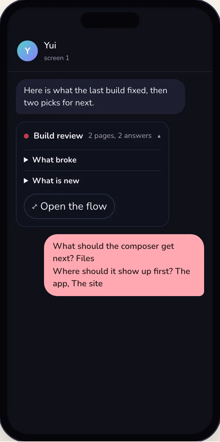 The same flow in the web playground after sending: the Build review record opened to its page titles, and the answers as a pink message from the person.