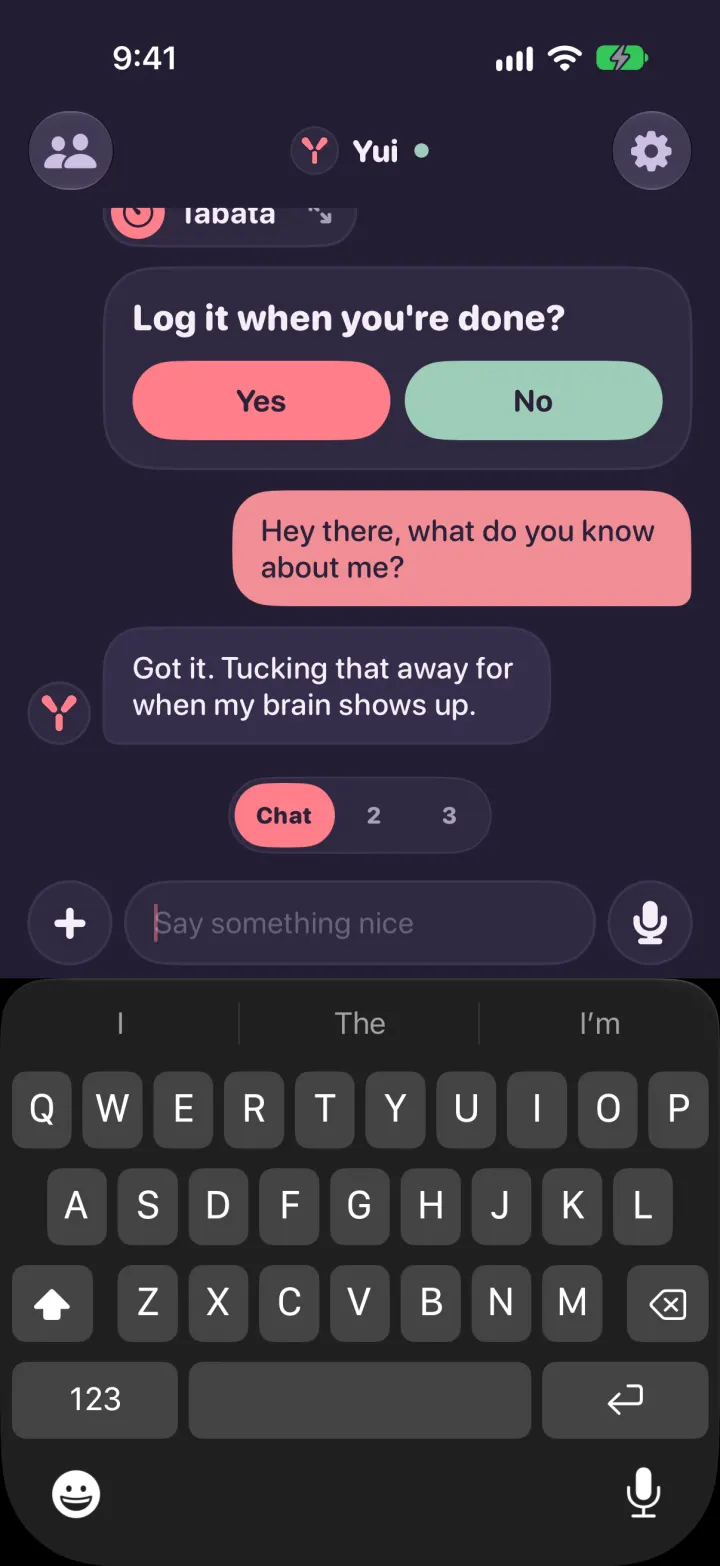 The Yui chat right after sending a message: the message is in the thread and the text box is empty
