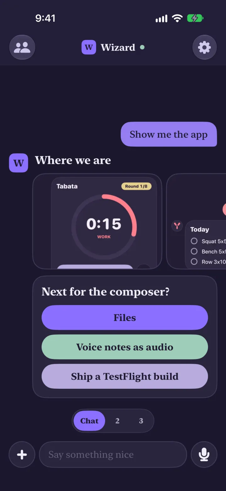 A gallery of tall app screenshots in a row, with a question card below it and no overlap