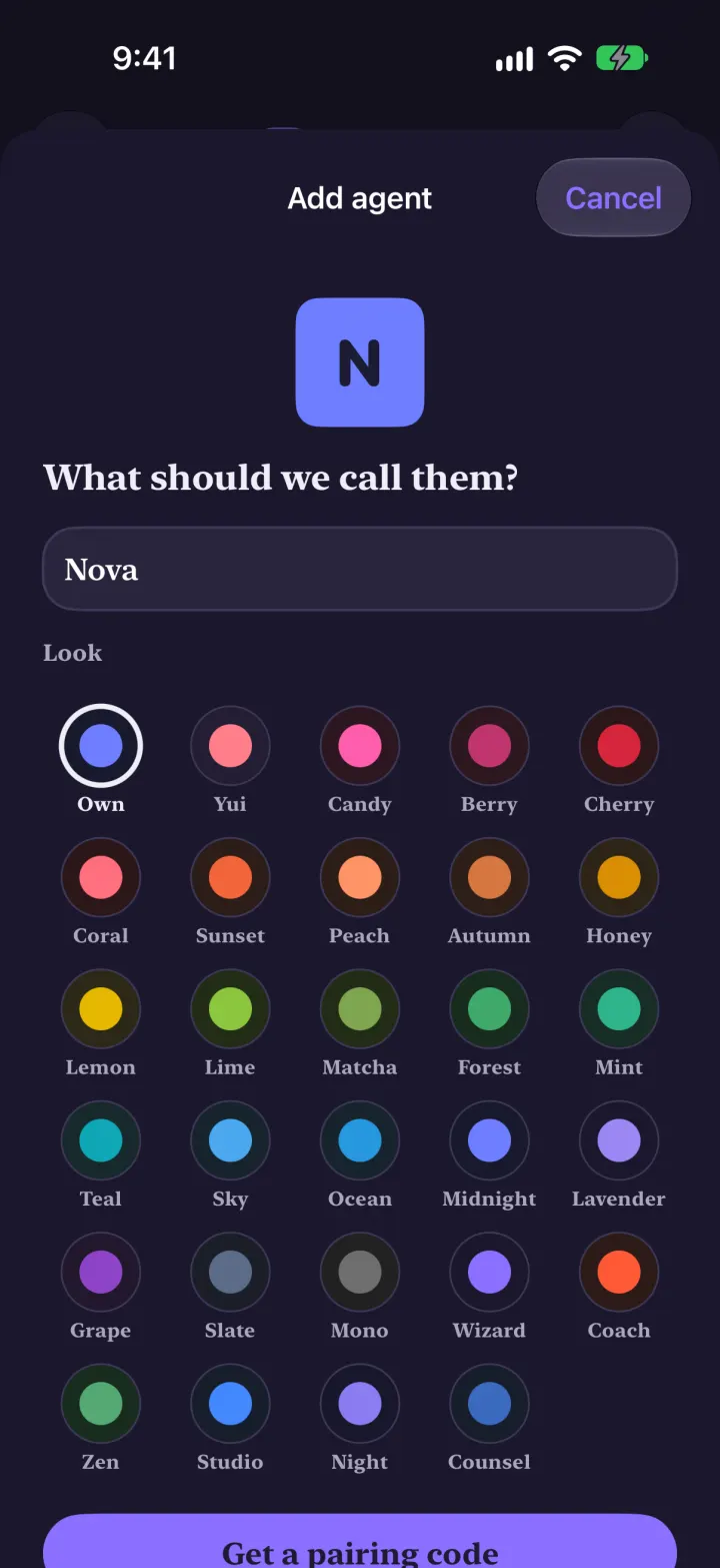 The Add agent screen with a grid of 29 colors sorted by hue