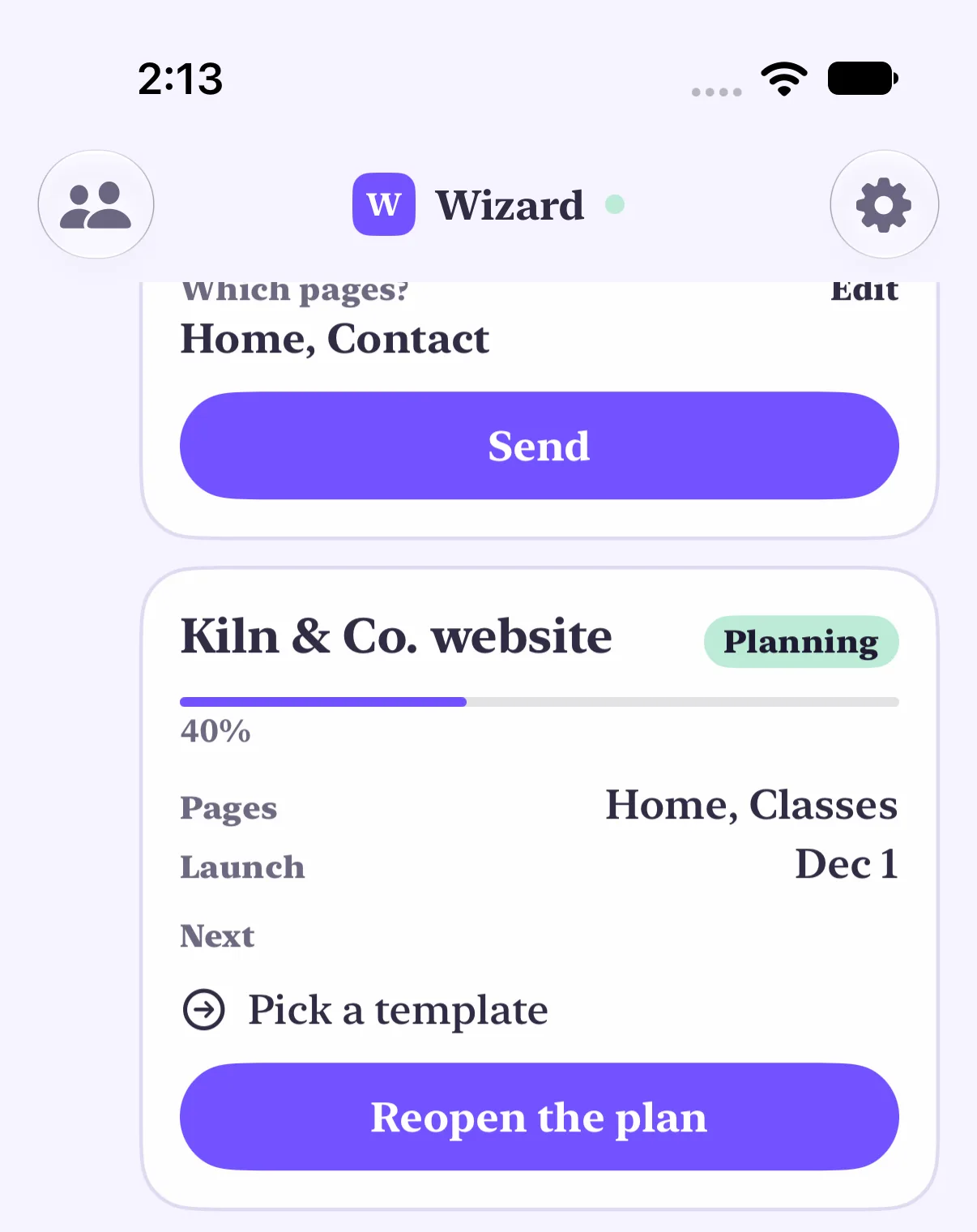 The review step of a plan in Yui: the last answer, Home and Contact, with one purple Send button under it.