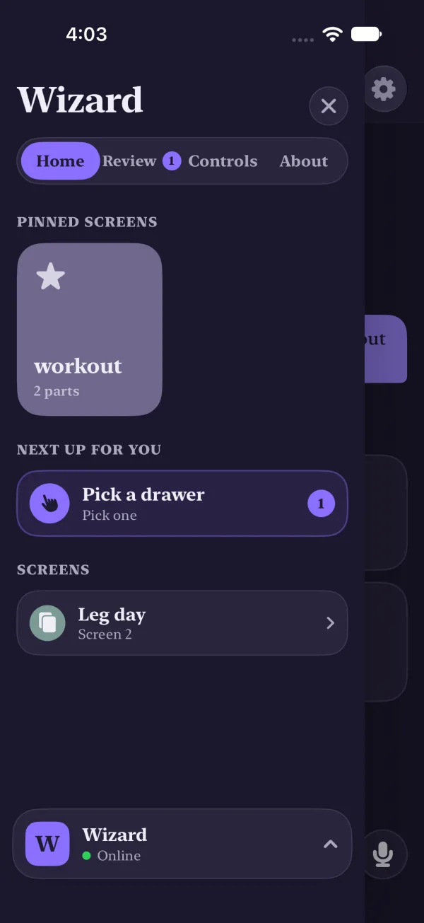 Dark mode, an agent's drawer open: Home, Review, Controls and About, the chat peeking out on the right.