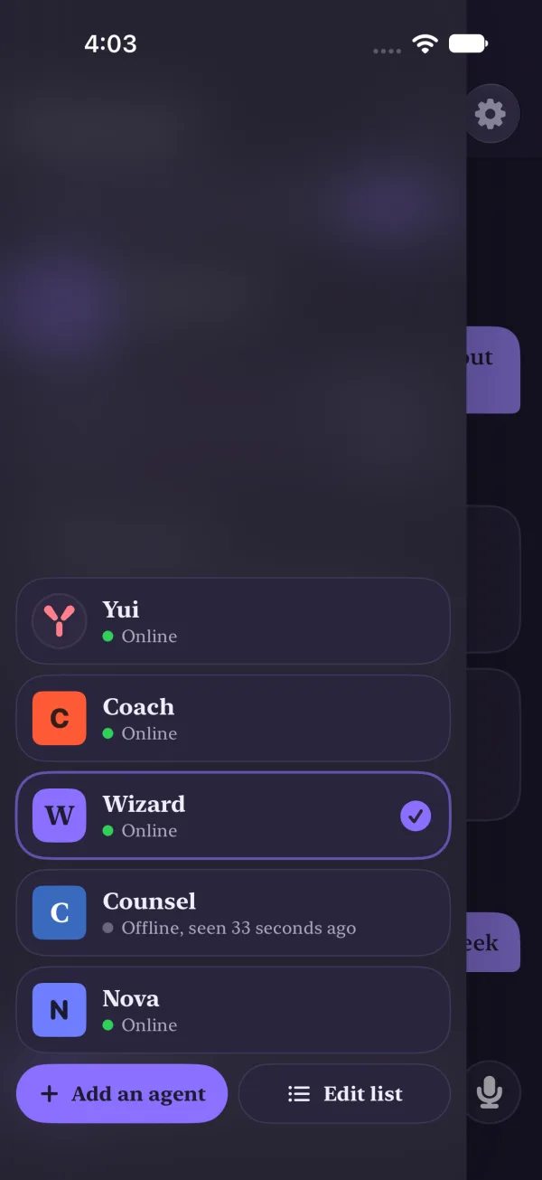 The switcher sprung up from the bottom in dark mode: Yui, Coach, Wizard with a check, Counsel offline, Nova, then Add an agent and Edit list