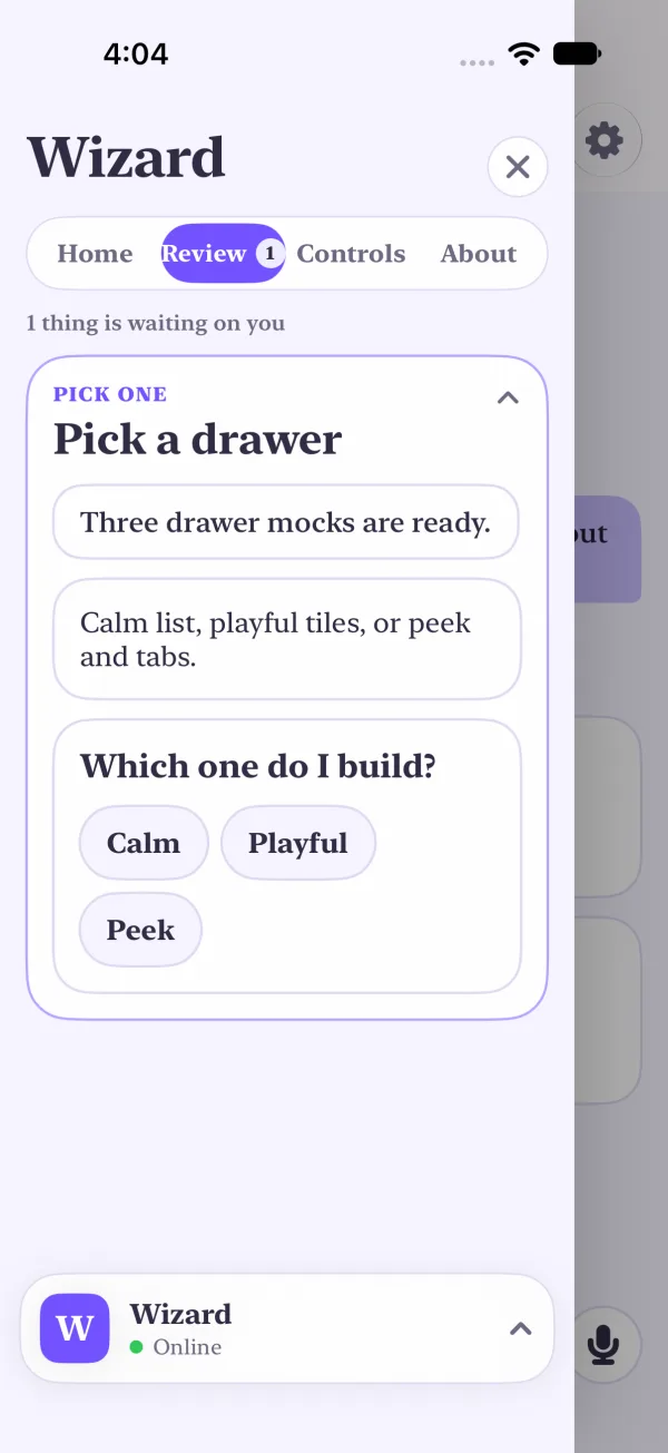 The Review tab in light mode: 1 thing is waiting on you, the Pick a drawer ask opened in place with its context and the buttons Calm, Playful and Peek