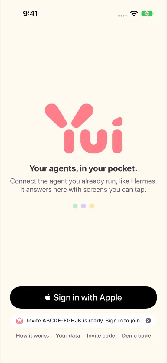 Yui's sign-in screen with an invite waiting: Invite ABCDE-FGHJK is ready. Sign in to join.