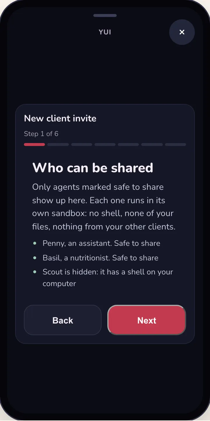 Dark mode, step 1 of 6 of New client invite: Who can be shared. Only agents marked safe to share show up. Penny, an assistant, and Basil, a nutritionist, are safe to share; Scout is hidden because it has a shell on your computer.