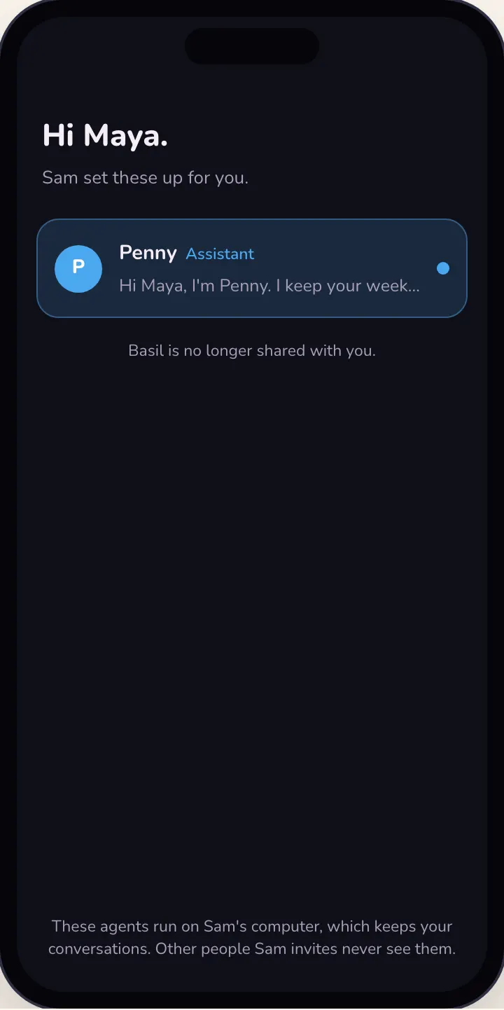 Dark mode, after a revoke: only Penny is left in the list, and one quiet line says Basil is no longer shared with you.