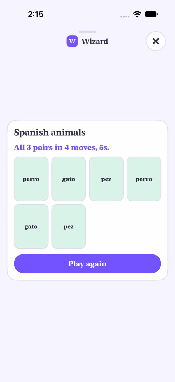 Memory match with Spanish animal words, every pair found, moves and seconds above the cards