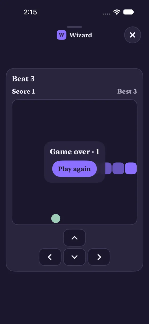 Snake in the app: the score, the best to beat, a game over card and the arrow pad