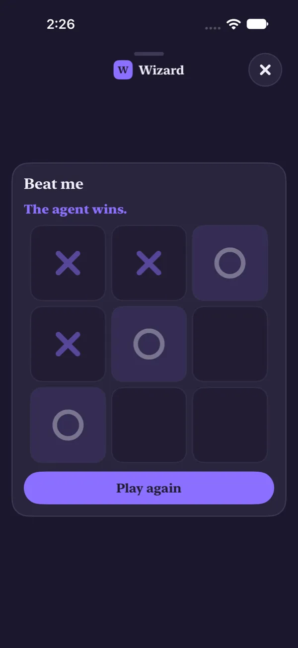 A finished tic-tac-toe game in dark mode with the result and a Play again button