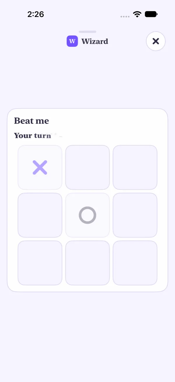Tic-tac-toe in the app, light: X in a corner, the agent's O in the middle, Your turn above the board