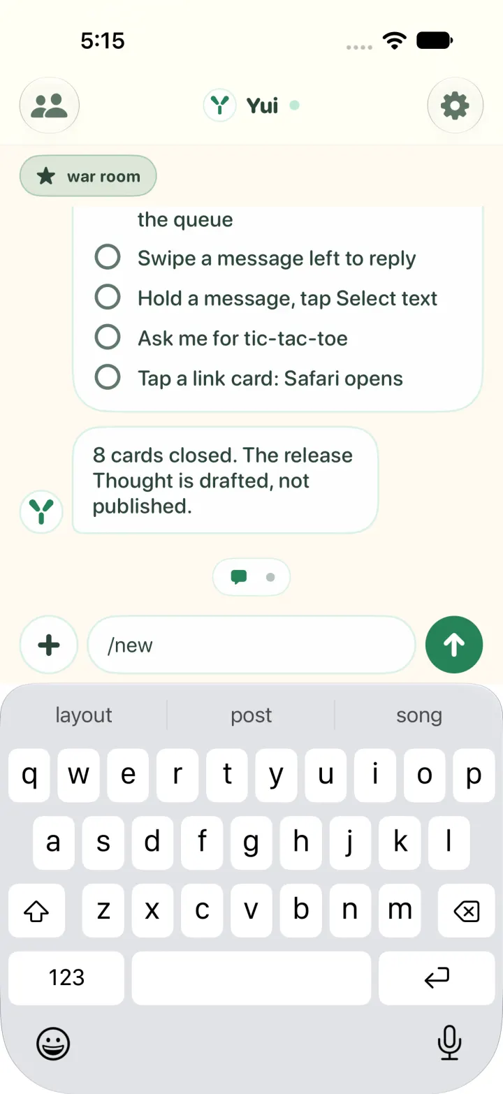 After tapping /new, the composer holds /new with a space and the list has closed