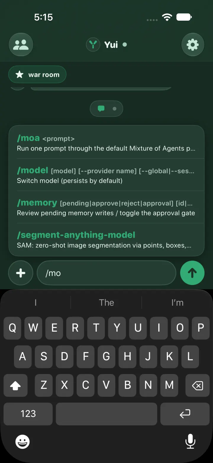 The same list in dark mode after typing /mo: /moa, /model, /memory and a skill whose name contains model