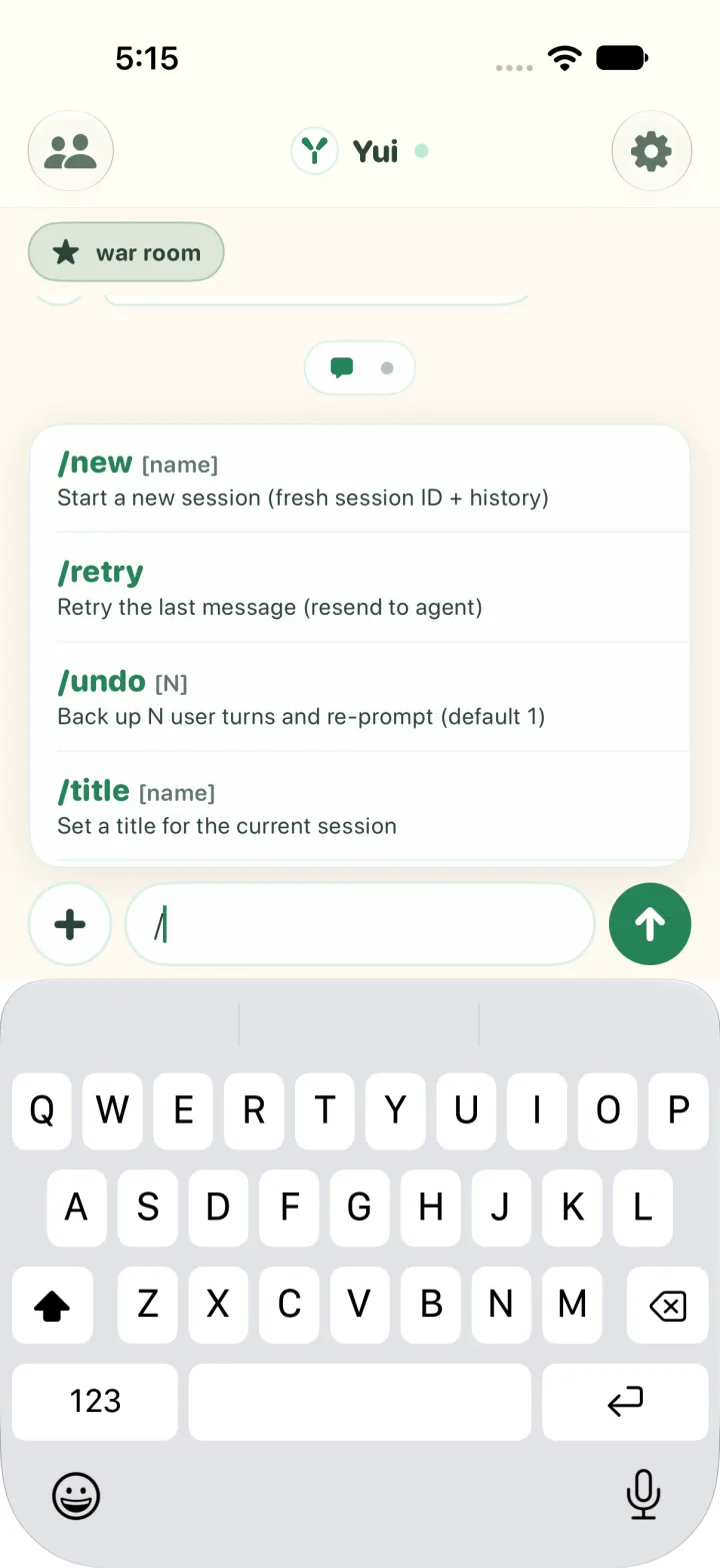 Yui chat in light mode with / typed in the composer; a list above it shows /new [name], Start a new session, then /retry, /undo and /title, each with a one-line description