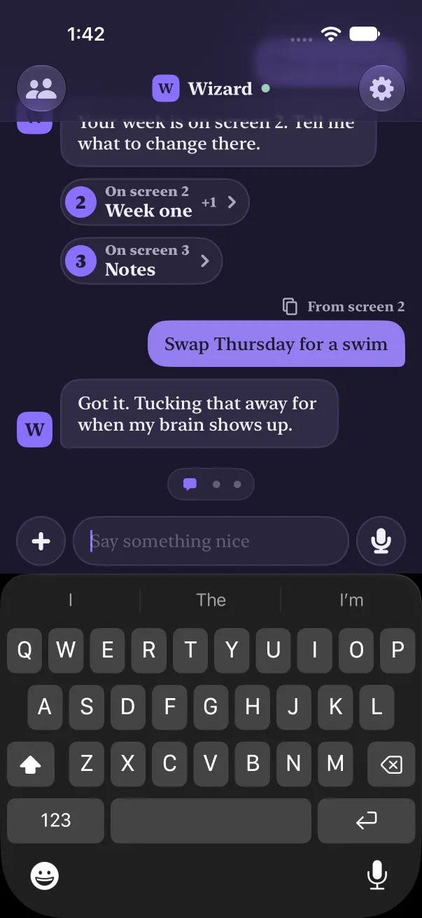 The chat with Swap Thursday for a swim as the person's message, marked From screen 2 above it, and the agent's answer below.