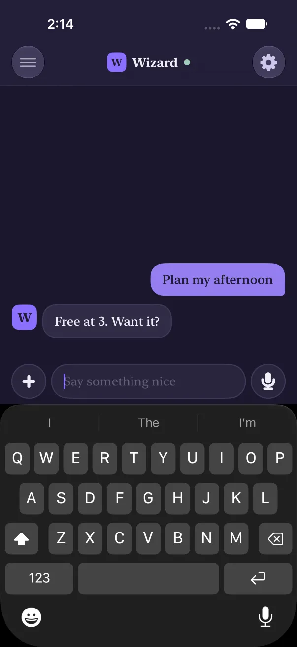 Dark mode: the reply, Free at 3. Want it?, has landed where the working row was.