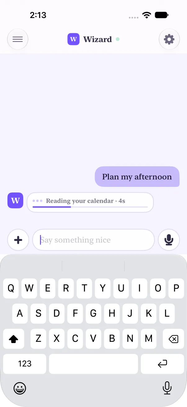 Light mode: Wizard's working row reads Reading your calendar, 4 seconds, with a thin purple bar a third full.