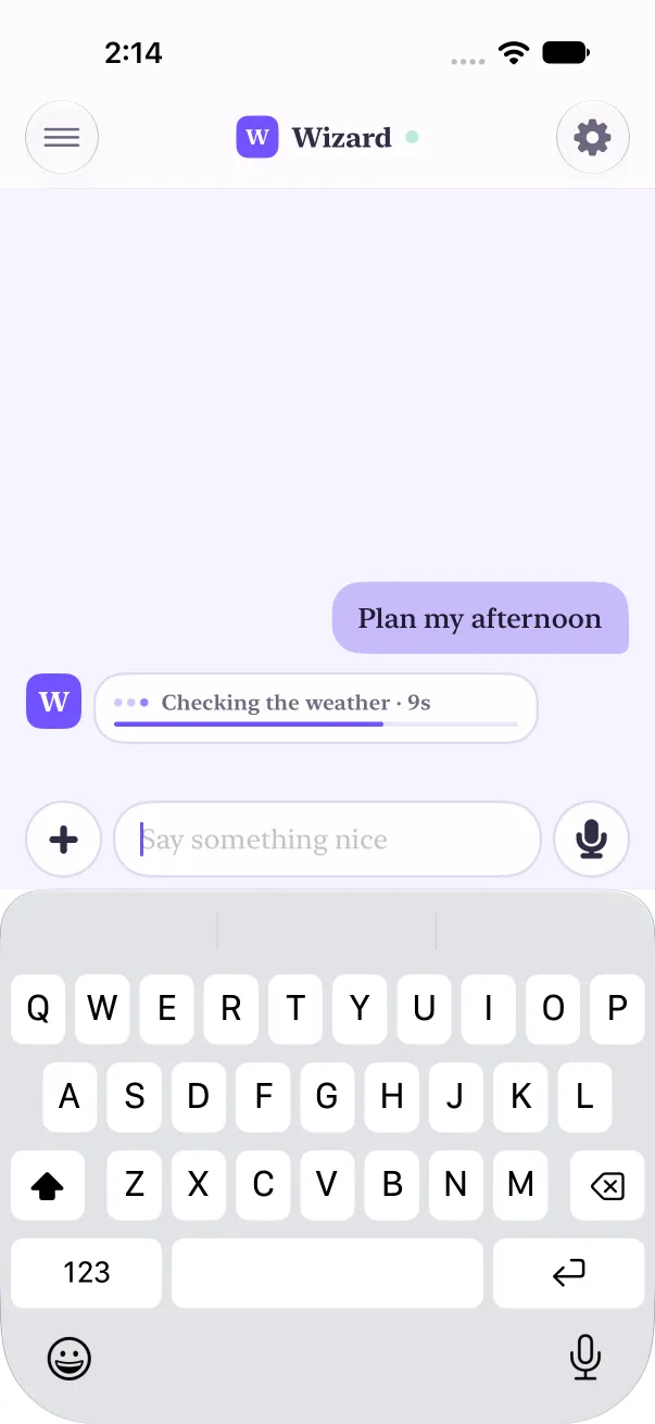 Light mode: the row now reads Checking the weather, 9 seconds, the bar two thirds full.