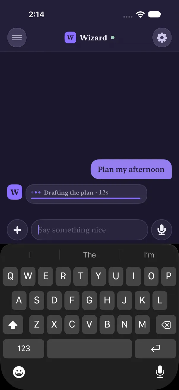 Dark mode: the row reads Drafting the plan, 12 seconds, the bar full.