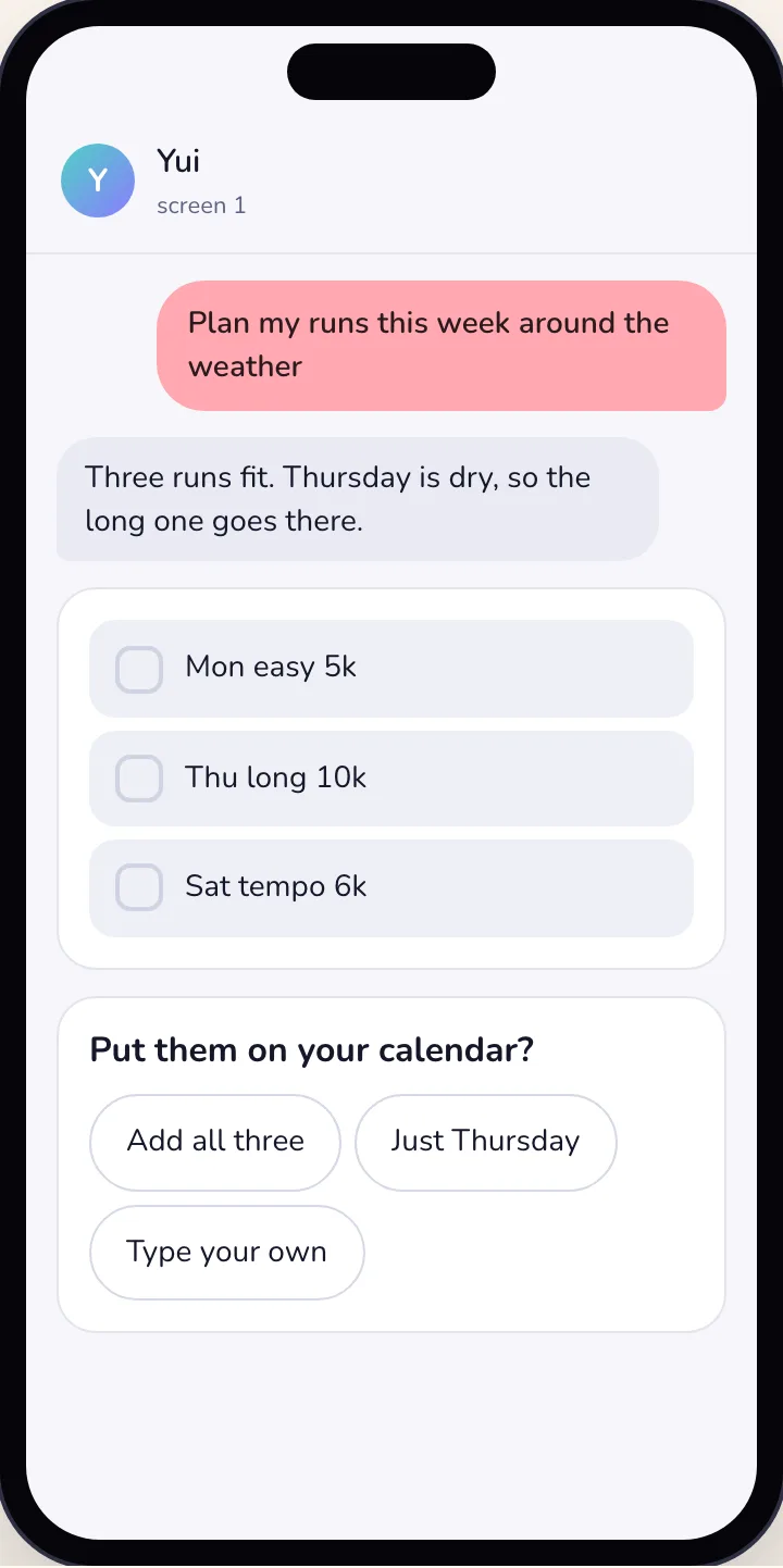 The reply has landed and the working row is gone: three runs as a checklist and a question about adding them to the calendar.
