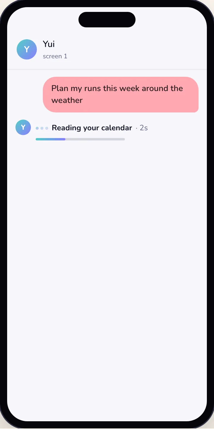 The playground phone in light mode: the person asks to plan runs, and the working row reads Reading your calendar · 2s with a bar one third full.