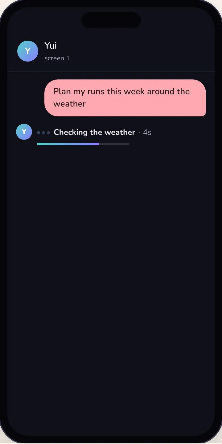The same turn in dark mode: the working row reads Checking the weather · 4s with the bar two thirds full.