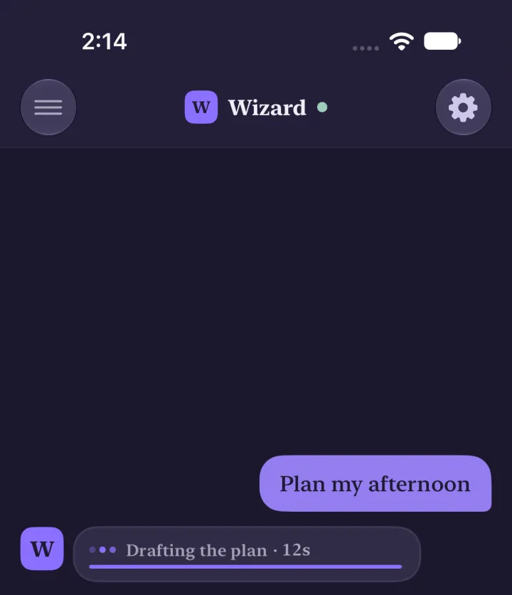 Dark mode: Drafting the plan, 12s, the bar nearly full