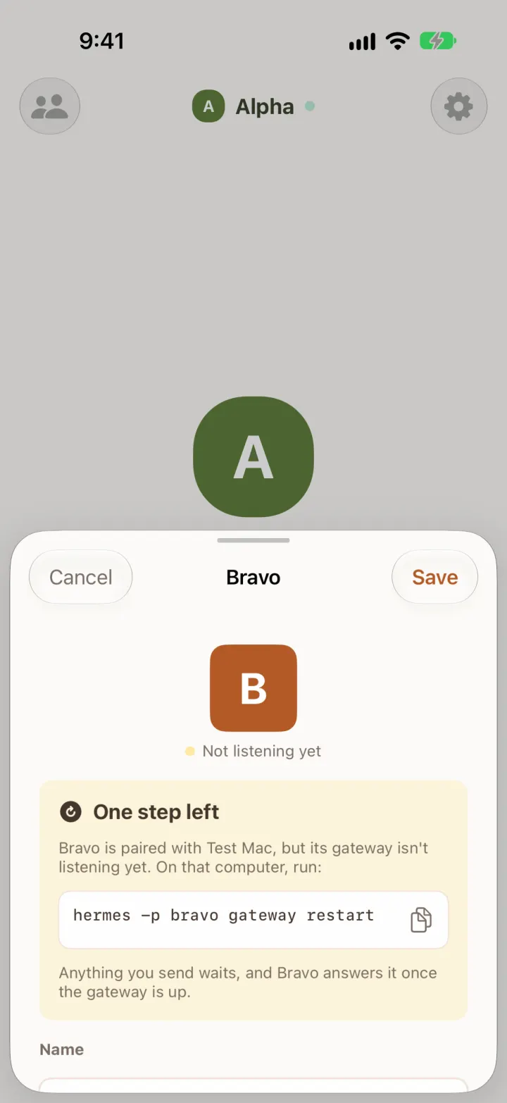 Bravo's sheet: One step left, hermes -p bravo gateway restart with a copy button