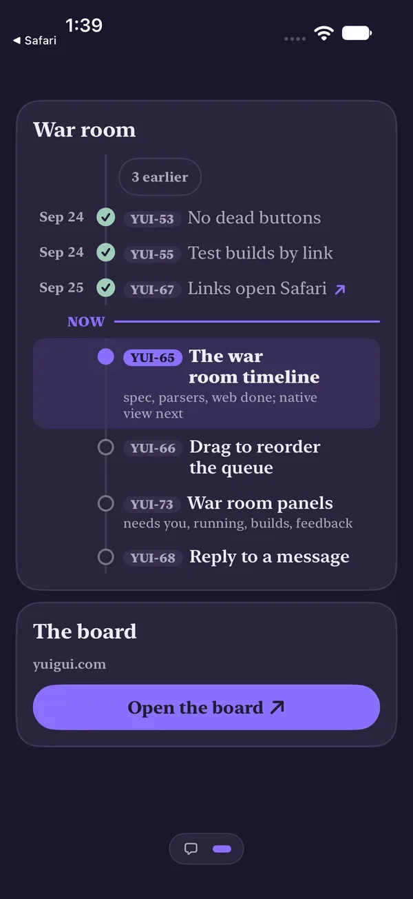 The same war room timeline in dark mode