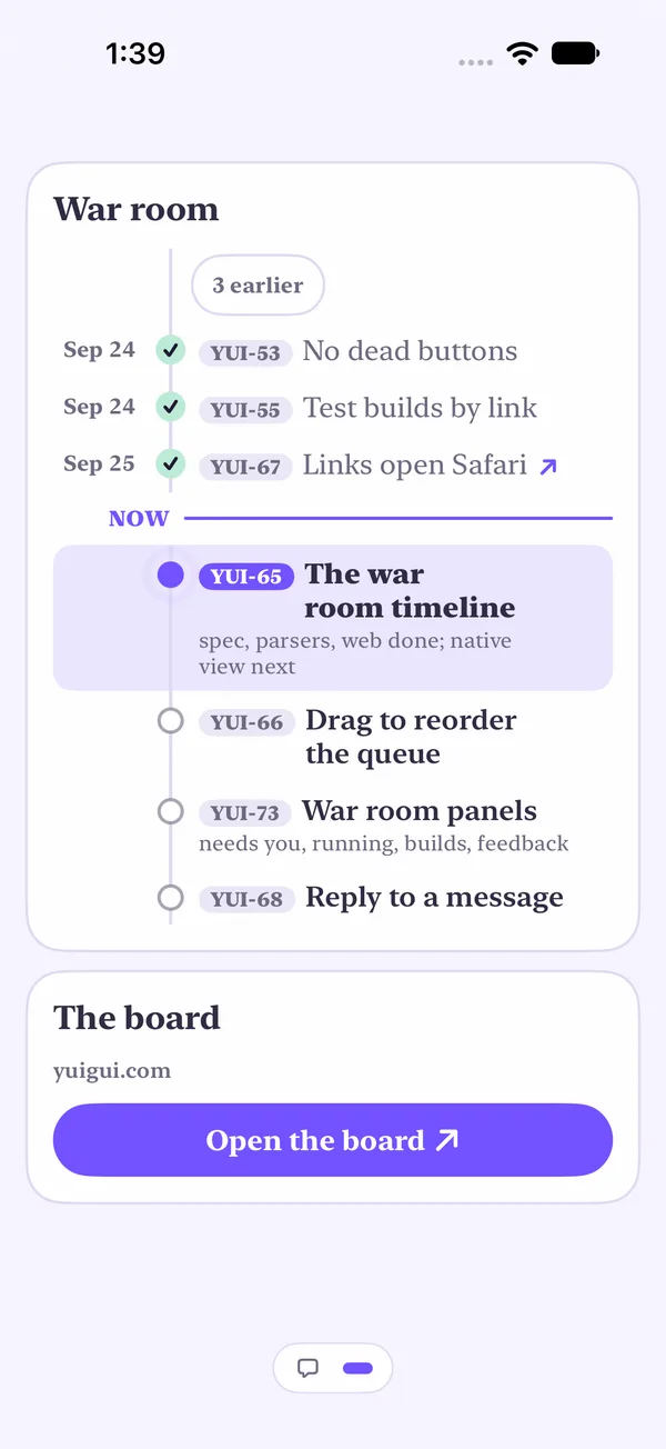 The war room on screen 2 in the app, light: three done rows, the Now line, the running card lit up, three queued cards, and a link card below