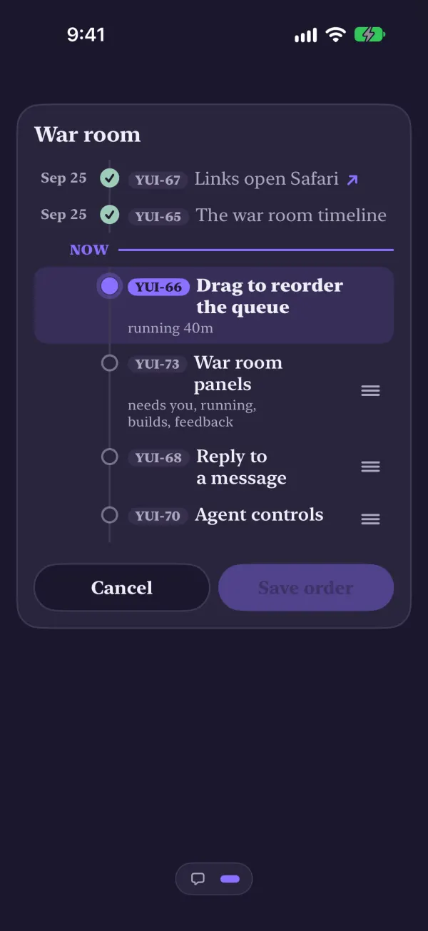 The same edit mode in dark, before anything moved, with Save order dimmed