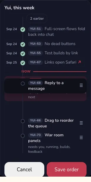 The web playground mid-drag: YUI-68 lifted above the queue