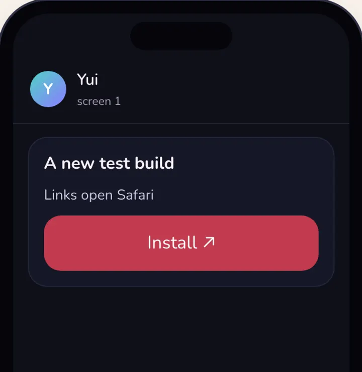 The web playground drawing a card titled A new test build, its Install button carrying an arrow that says it opens a page