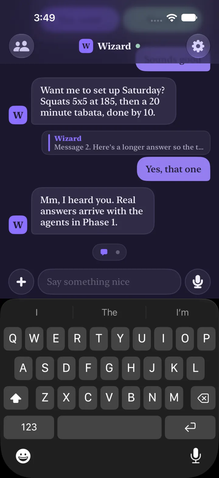 Dark mode: a sent reply, Yes, that one, with a small quote of Wizard's Message 2 above it.