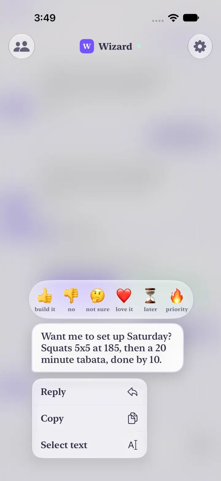 Holding an agent's message in Yui: the six reactions above it, and Reply, Copy and Select text below.