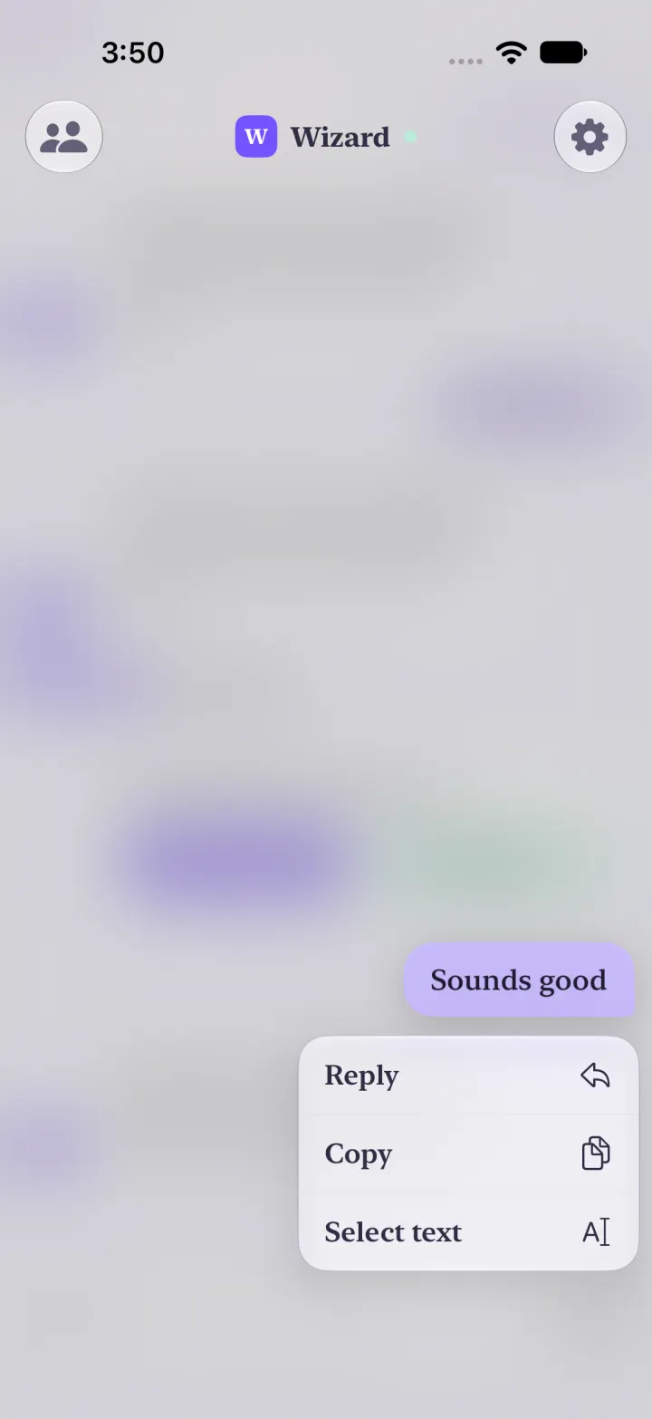 Holding your own message: Reply, Copy and Select text, with no reactions.
