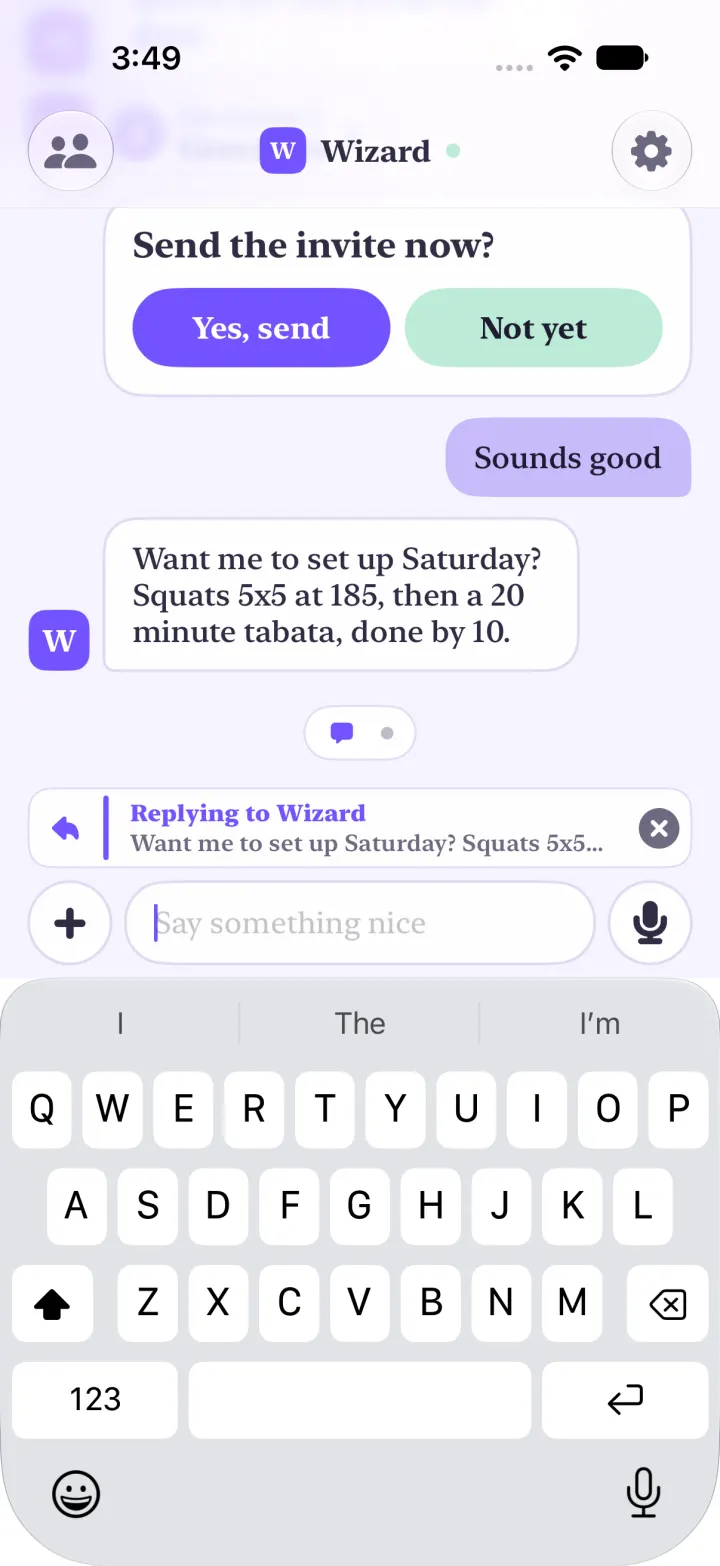 Replying: above the composer a bar reads Replying to Wizard with the message's first line and an x.