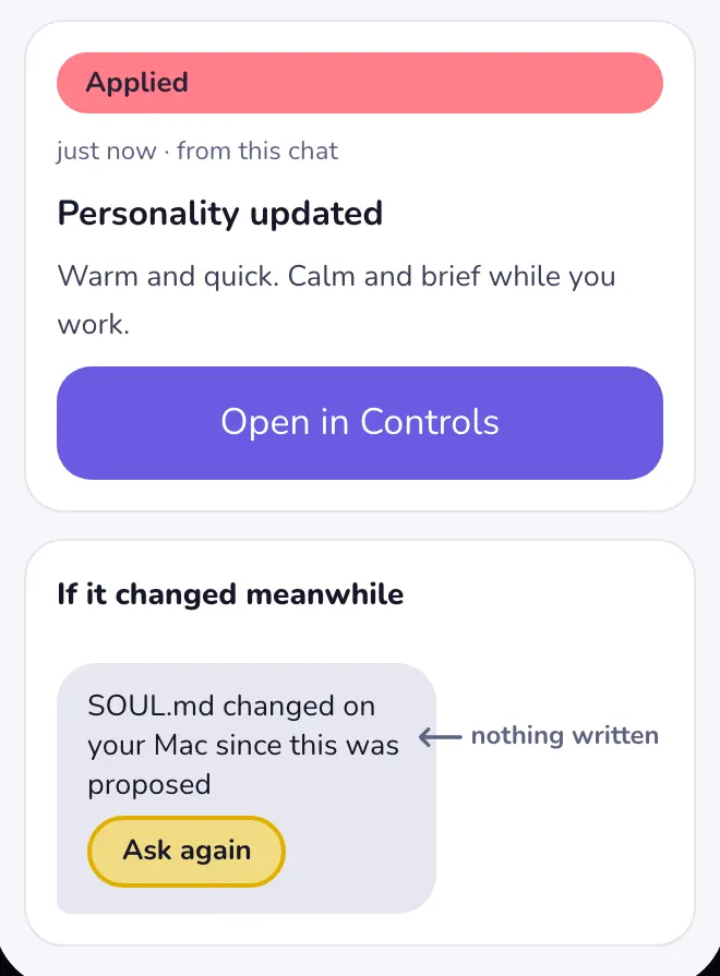 Mock in light mode of the receipt card Personality updated with an Open in Controls button, and the card shown when the file changed meanwhile, with Ask again