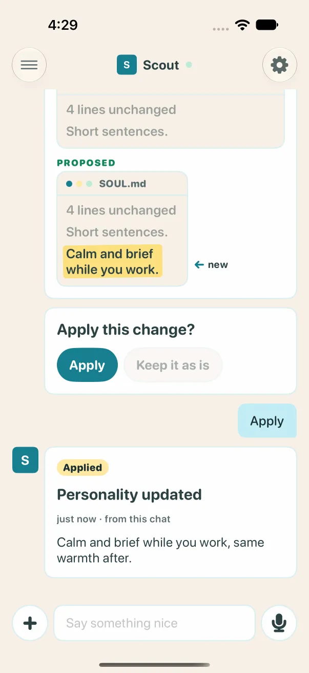 Light mode: after Apply, a card reading Applied, Personality updated, just now, from this chat