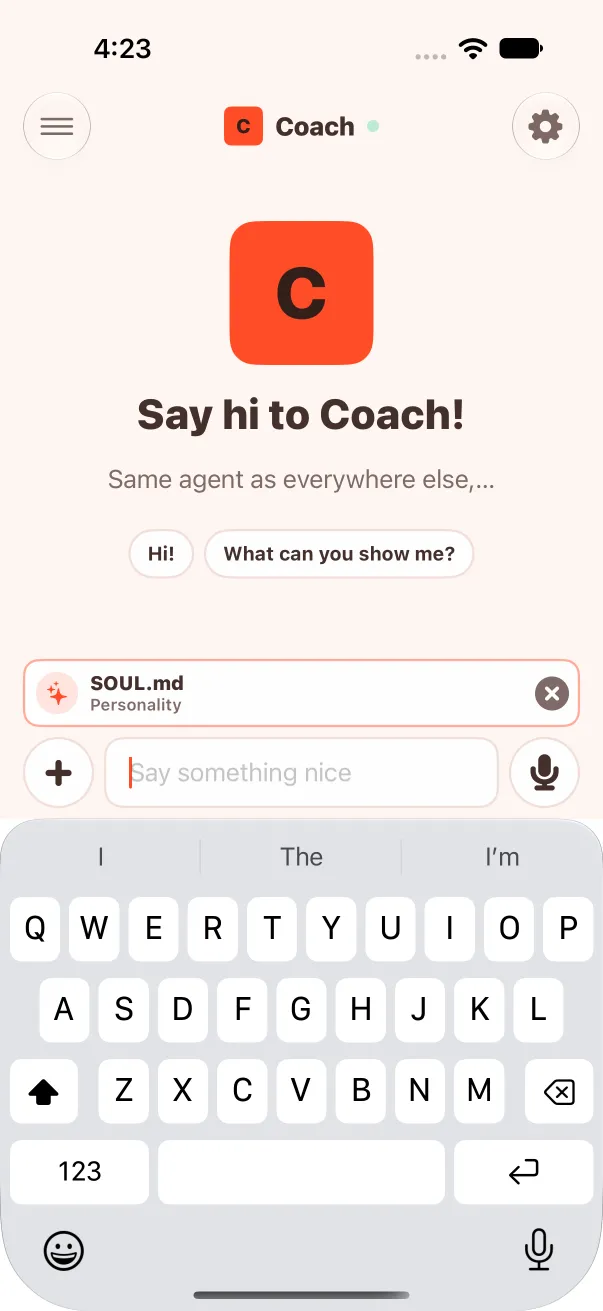 Light mode: back in the chat with a SOUL.md Personality chip above the message field and the keyboard up