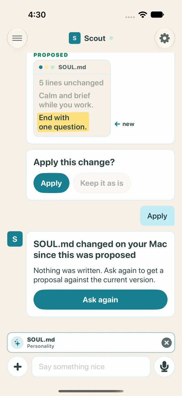 Light mode: SOUL.md changed on your Mac since this was proposed. Nothing was written, with an Ask again button
